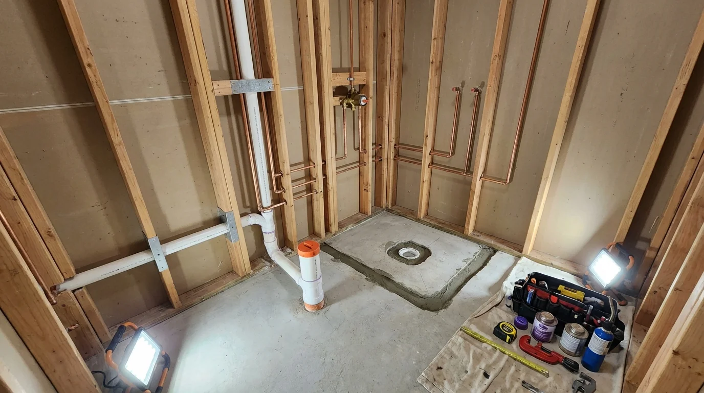 Bathroom rough-in plumbing during remodel by Johns Plumbing LLC in Revere