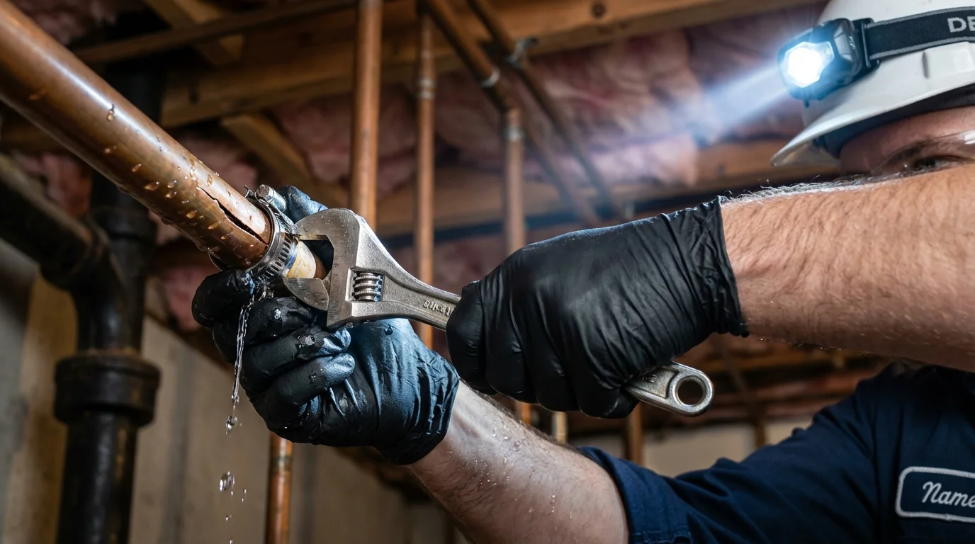 Emergency pipe clamp repair being performed by a Johns Plumbing LLC plumber in Revere