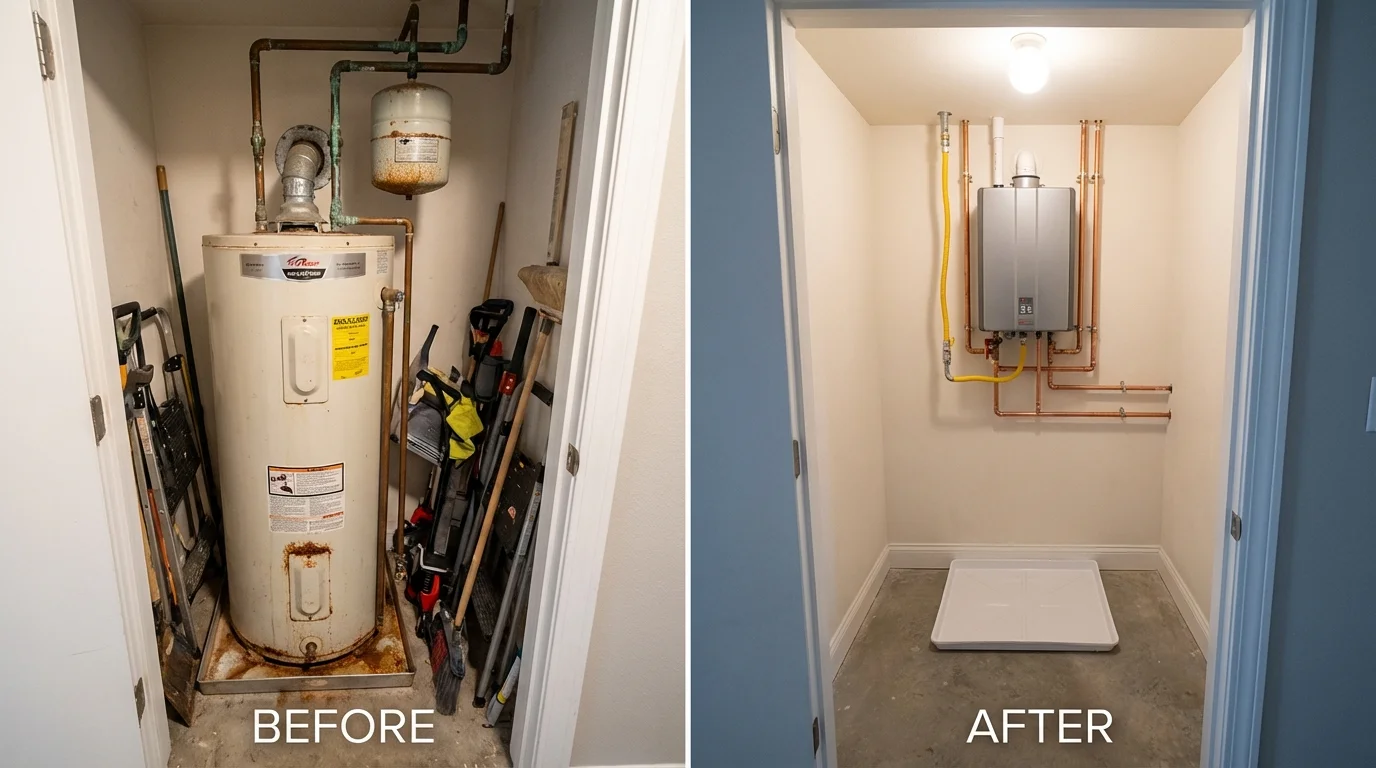 Tank water heater versus wall-mounted tankless unit comparison for Revere, MA homeowners