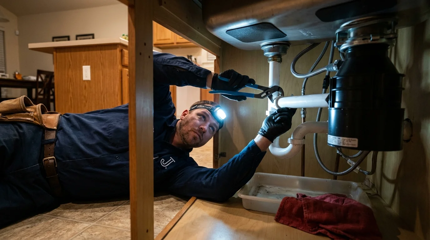 P-trap and supply line connections under a kitchen sink showing a common leak point in Revere, MA